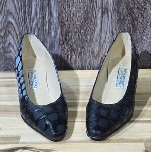 Sergio Zelcer Spanish Leather Black Embossed Pumps 6.5 N Croc‎ Pointed Toe Heels